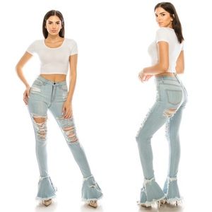 Women's Super High Waisted Distressed Flare Jeans with Cut Outs